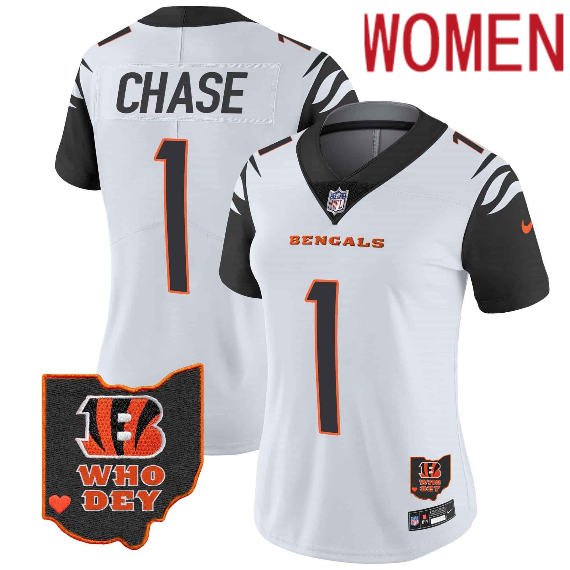 Women Cincinnati Bengals #1 Chase White 2024 Nike Patch Vapor Limited NFL Jersey style 2
